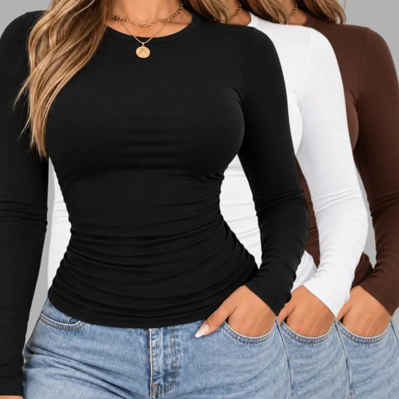 Women's Trendy Round Neck Long Sleeve Crop Tee,Casual Crew Neck T-shirt,Fitted Slim Fit Homewear Shirt，Smooth Look Casual Top for Autumn Outfits,Women's Slim-fitting Top for Music Festival, Dating & Daily Wear
