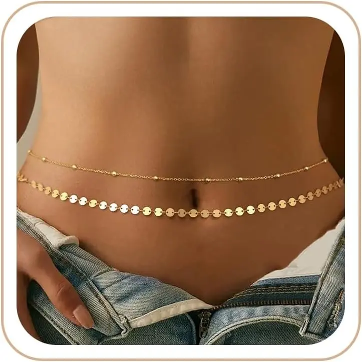 14K Gold Plated Waist Chain for Women, Waterproof Waist Beads, Layered Gold Body Chains, Non Tarnish Belly Chain Belt for Beach Summer, Rave Accessories JewelryGift