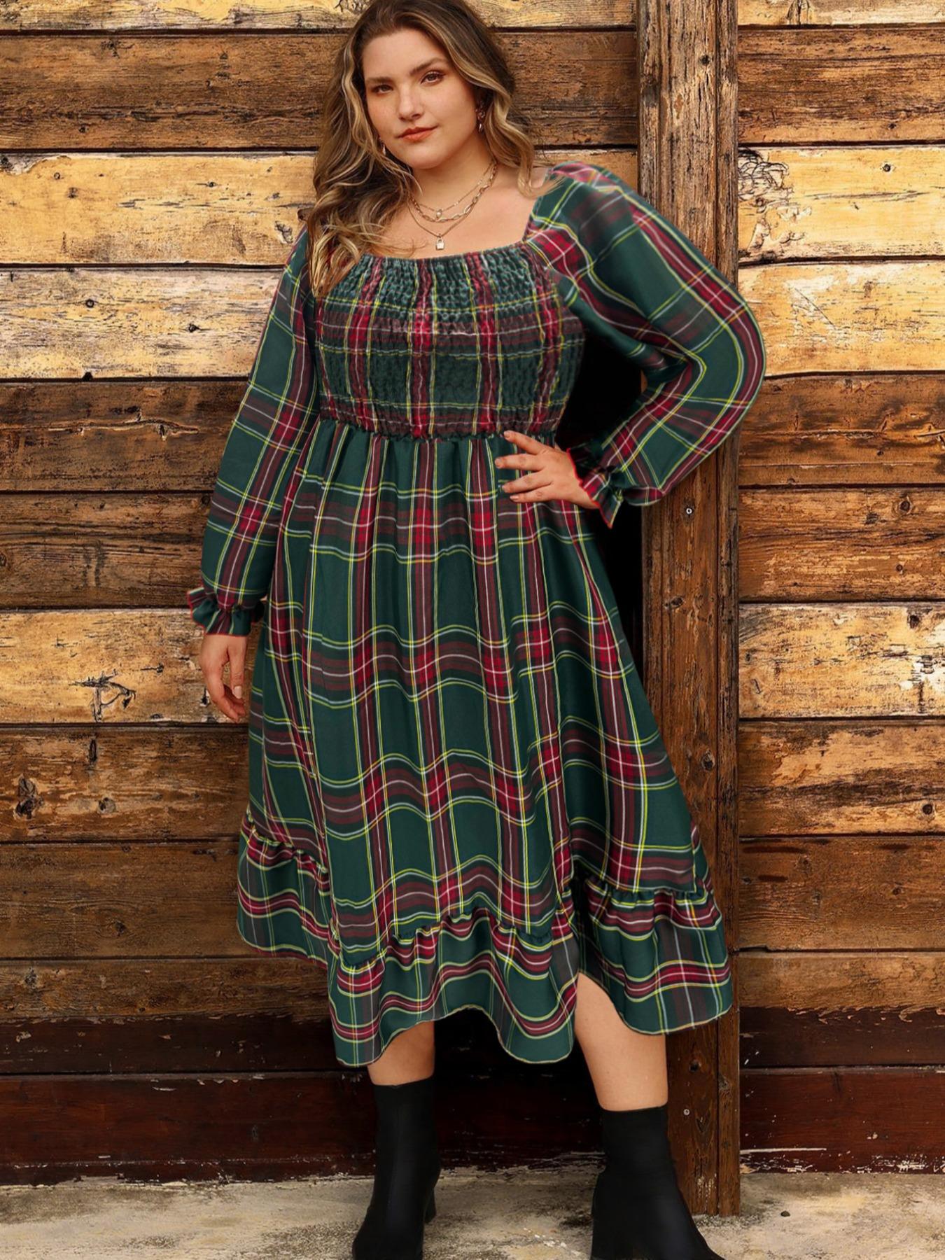 Christmas Plus Size Plaid Long Sleeve Dress for Women, Casual Loose-Fitting A-Line Dress, Fall & Winter Fashion, Comfortable Daily Wear, Boho Fashion Dress