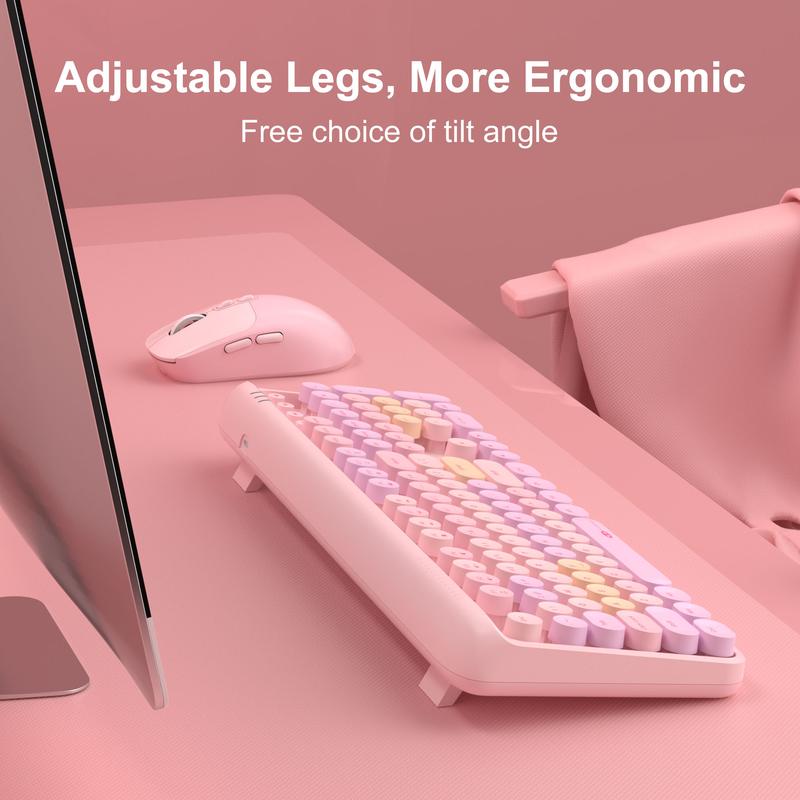 Wireless Keyboard and Mouse Combo Round keycaps Retro Typewriter Keyboard 104 Key Full-Sized Keyboard Automatic Power Saving 2.4GHz Wireless Connection for Mac/Windows/PC