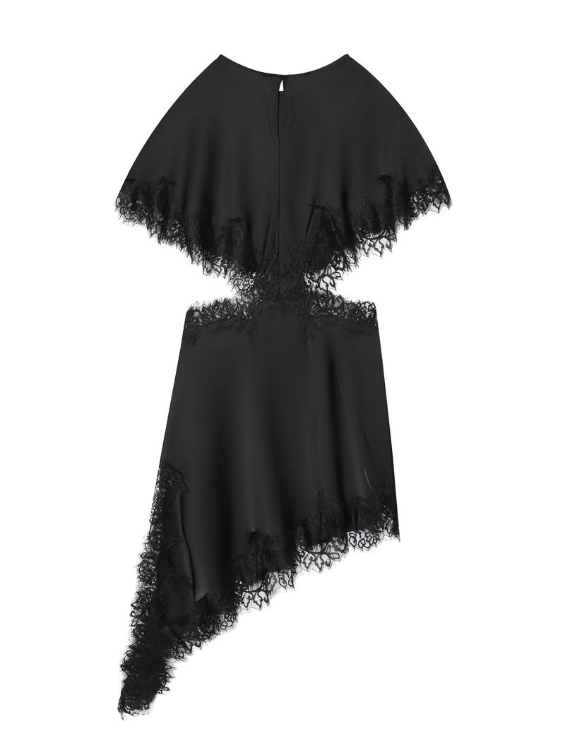 Women Summer Black Lace-up Mini Dress With Open Front Asymmetrical Hemline And Intricate Lace Trim Fashionable Party Dress For Women