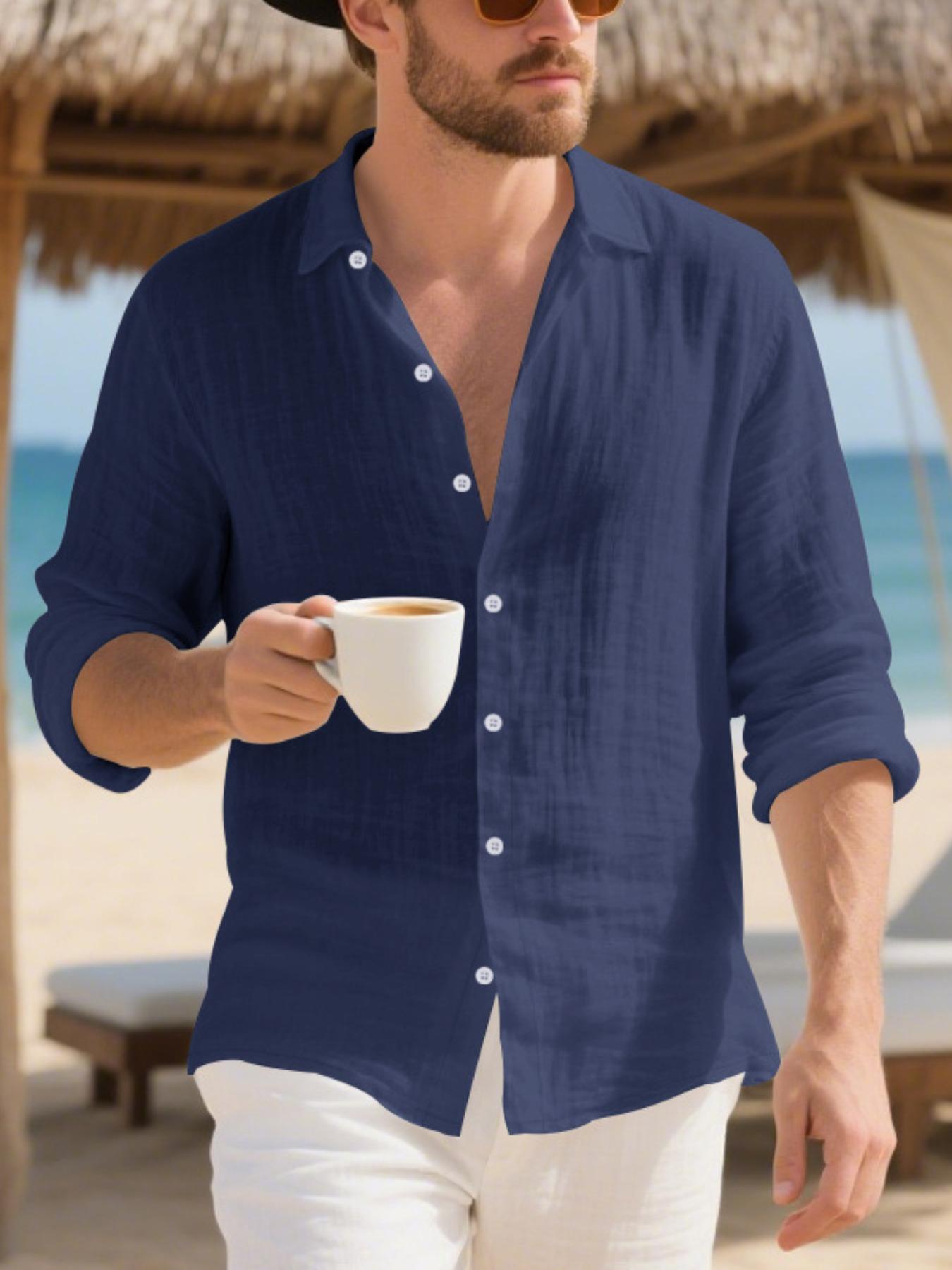 Men's Loose-Fit Linen Collared Shirt, Casual Long Sleeve Button-Down Top, Breathable Woven Fabric, Spring & Fall Fashion, Ideal for Beach Vacation