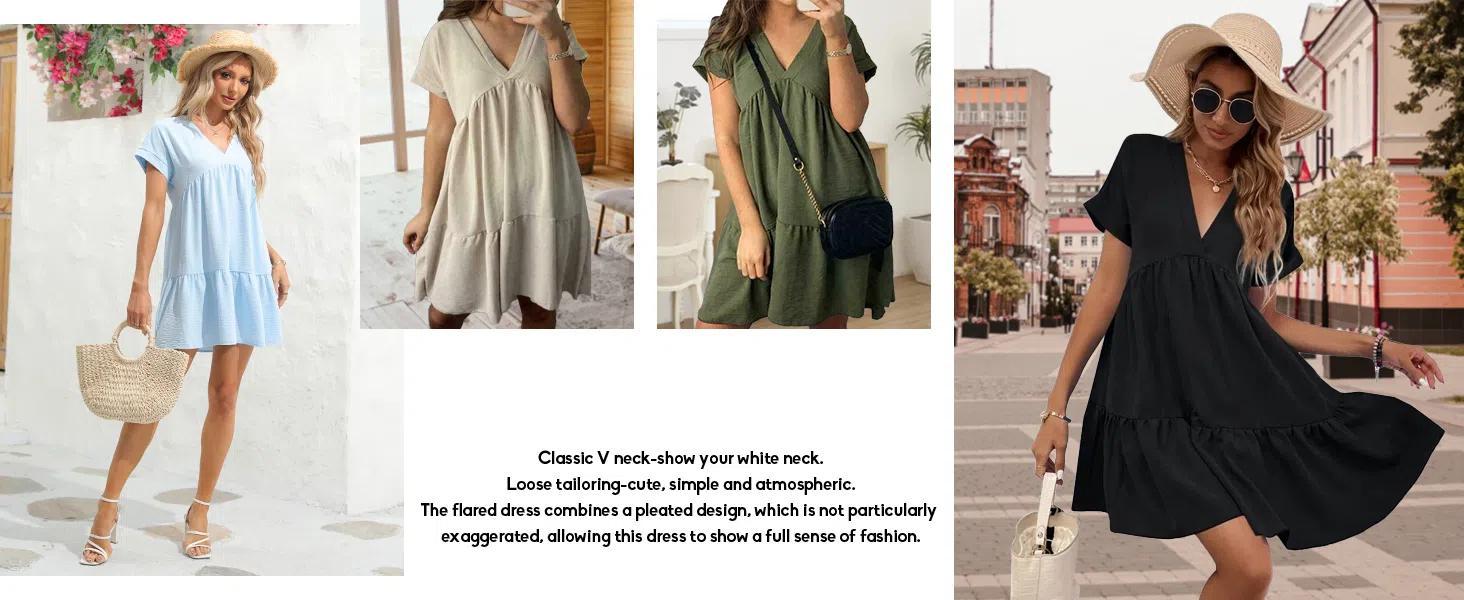LAICIGO Women Summer Simple Style V Neck Flowy Babydoll Dress Comfy Loose Fit Short Sleeve Mini Tunic Dress Beach Dresses