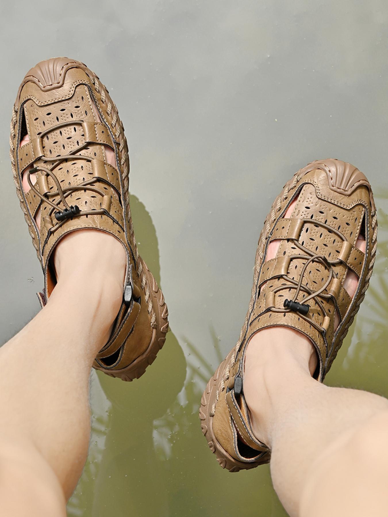 Men's Solid Color Hollowed-Out Closed-Toe Outdoor Sandals, Drawstring Velcro Non-Slip Beach Shoes, Hand-Stitched Thick-Soled Dad Shoes