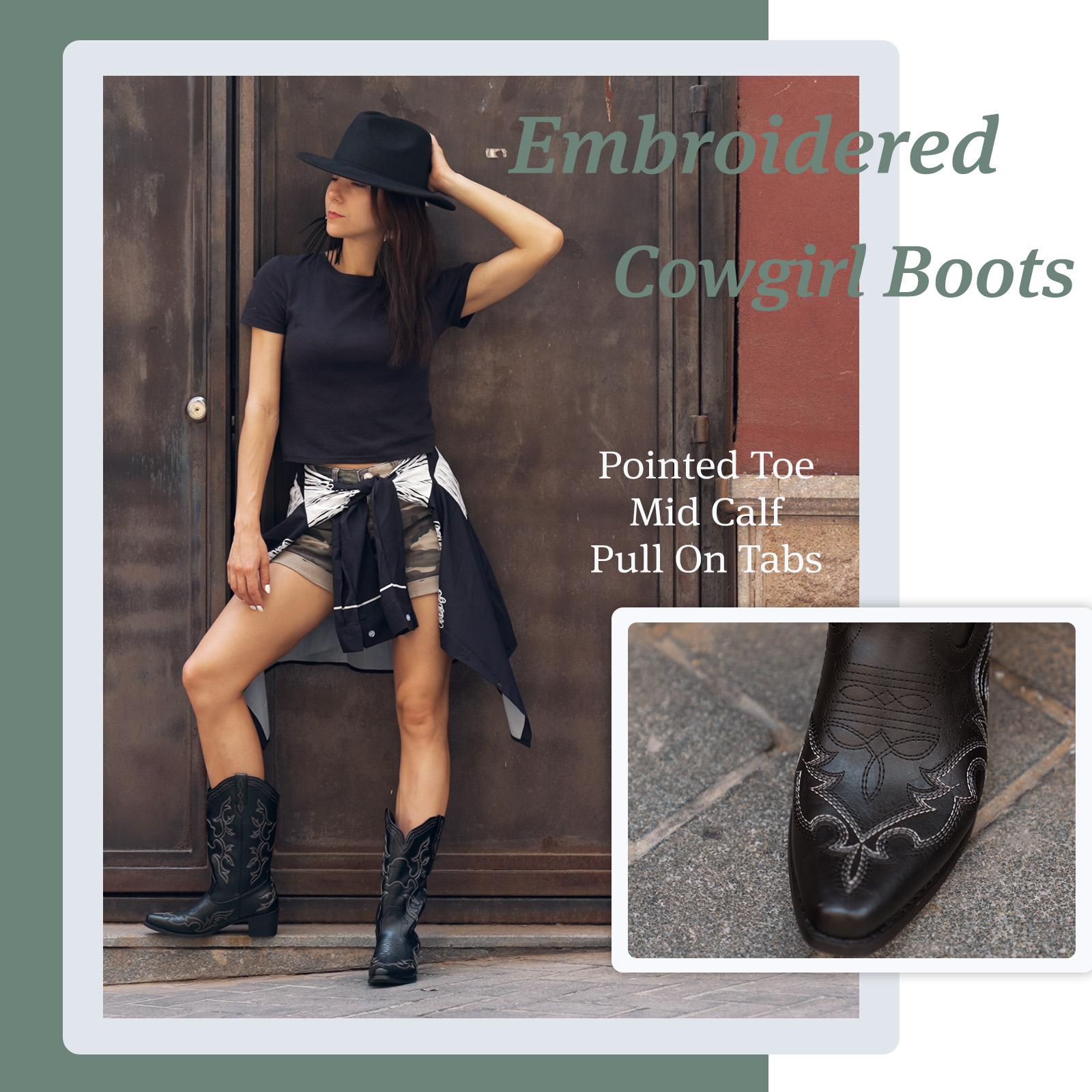 IUV Cowboy Boots For Women Western Style Embroidered Pointy Toe in Black PU Leather 2.0 Inches Heel Comfortable Synthetic Lining Slip-On Design