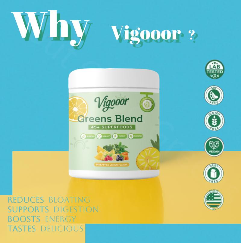 Vigooor New Upgrade, Green Superfood Powder - Digestive Support, Intestinal Health, Relieve Bloating, Contains Probiotics and Antioxidants, No Added Sugar, No Additives, 240 oz Can, One Scoop is about 8 oz, 30 Days, Blender Included (Battery Not Included)