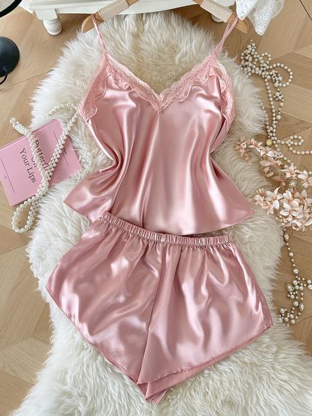 Luxurious Contrast Lace Satin Pajama Set, Elegant Sleep & Leisure Wear, Comfortable Women's Nightwear, Stylish Design
