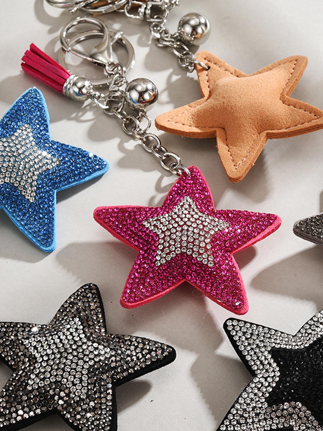 Elegant Two-Tone Rhinestone Star Sequin Keychain, Boho Style Beach Bag Charm, Dual-Sided Design, Fringe Key Ring Accessory