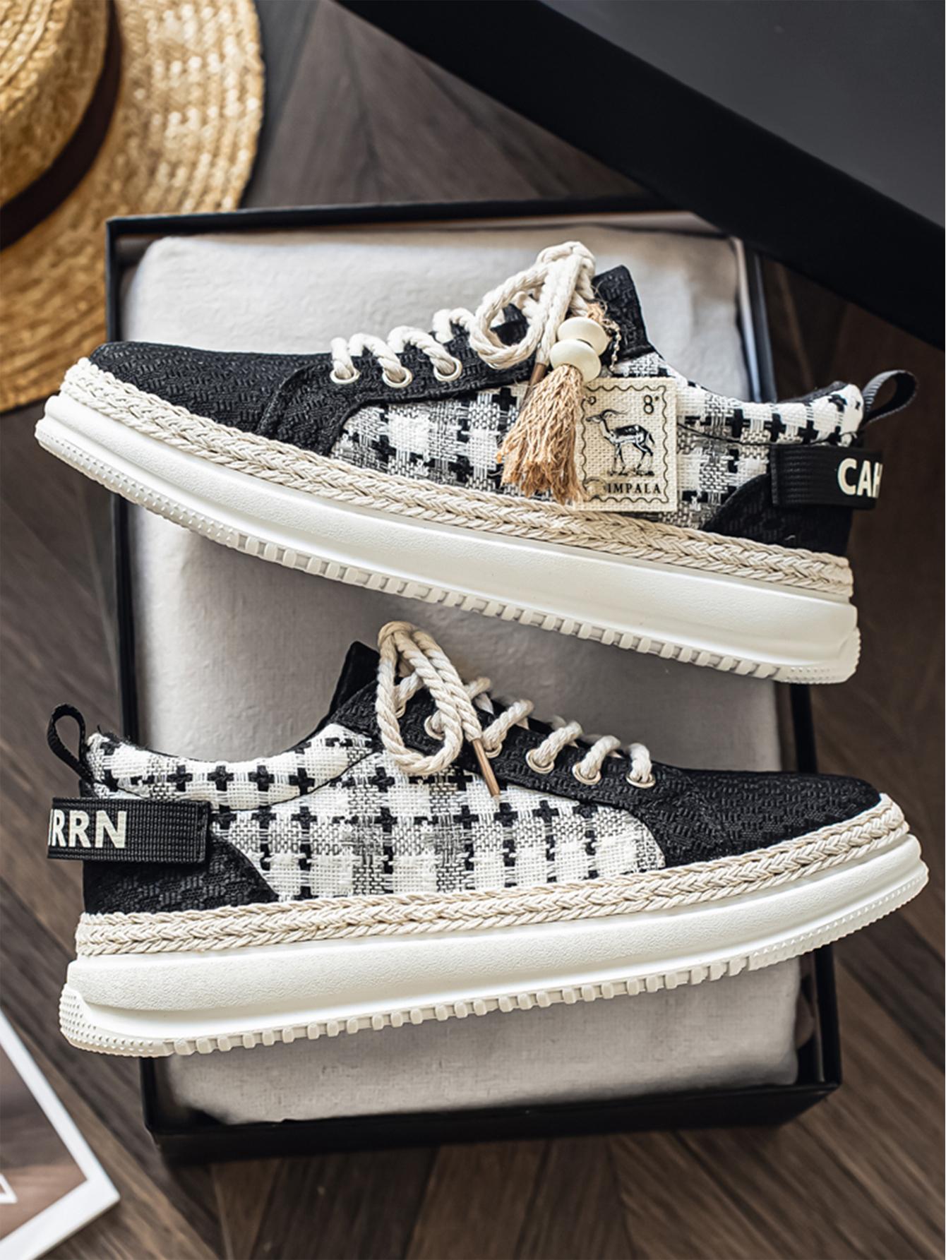 Summer New Men's Retro Plaid Laces, Braided Rope Shoelace Design, Easy-On-Off Hemp Laces, Commuter & Casual Shoes, Versatile Footwear