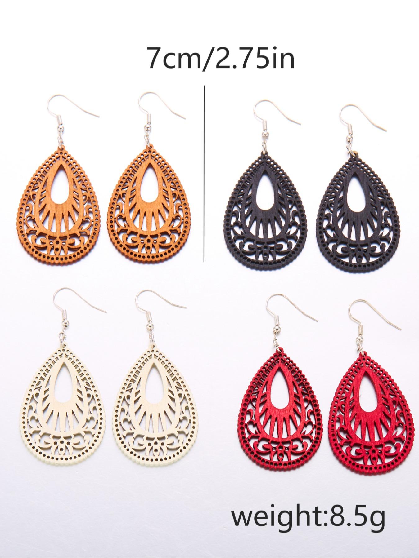 4 Pair Boho Hollow out Design Wooden Dangle Earrings, Vintage Style Water Drop Ear Jewelry for Women, Casual Jewelry for Party, Daily Clothing Decor