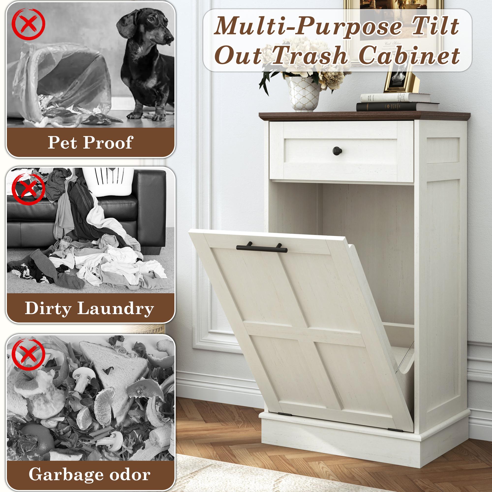 Trash Can Cabinet, 10 Gallons / 20 Gallons Farmhouse Hidden Wood Garbage Can Bin Cabinet with Drawers, Tilt Out Laundry Hamper with Laundry Storage Basket for Bathroom, Kitchen, Brown/Antique White/Dark Grey