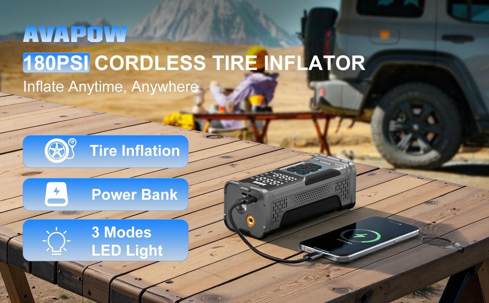 180PSI Portable Air Compressor, Cordless Tire Inflator, Air Pump for Car Tires with Digital Pressure Gauge, LED Light, Auto Shutoff, AVAPOW