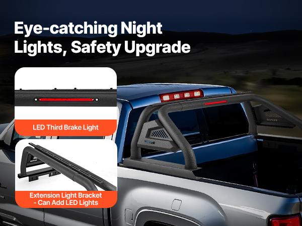 VEVOR Truck Bed Roll Bar, Universal Pickup Sport Adjustable Bar Chase Rack Compatible with Mid-Size Truck, Carbon Steel Construction with LED Brake Light, No Rack Included