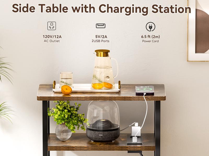 Flycity Side Table with Charging Station,2-3 Tires Narrow End Tables with USB Ports,Shelves & Magazine Rack for Small Spaces Furniture Living Room Storage Modern Nightstand Bedside Cabinet