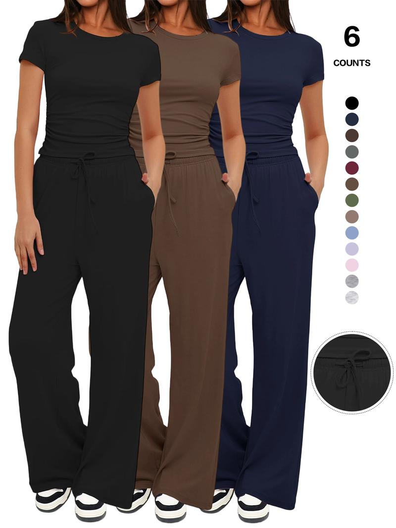 Women's Spring Summer Casual Set, Round Neck Short Sleeve Top & Wide Leg Pants, Slim Fit Home Wear, 2 Piece, Ruched Design, Drawstring