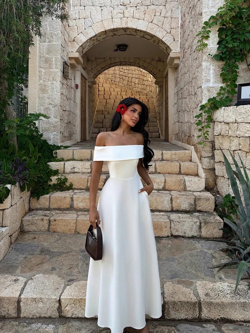 Elegant Off-Shoulder Dress with Waist Design, Simple and Classic Party Wear, Women's Stylish Evening Dress for Special Occasions