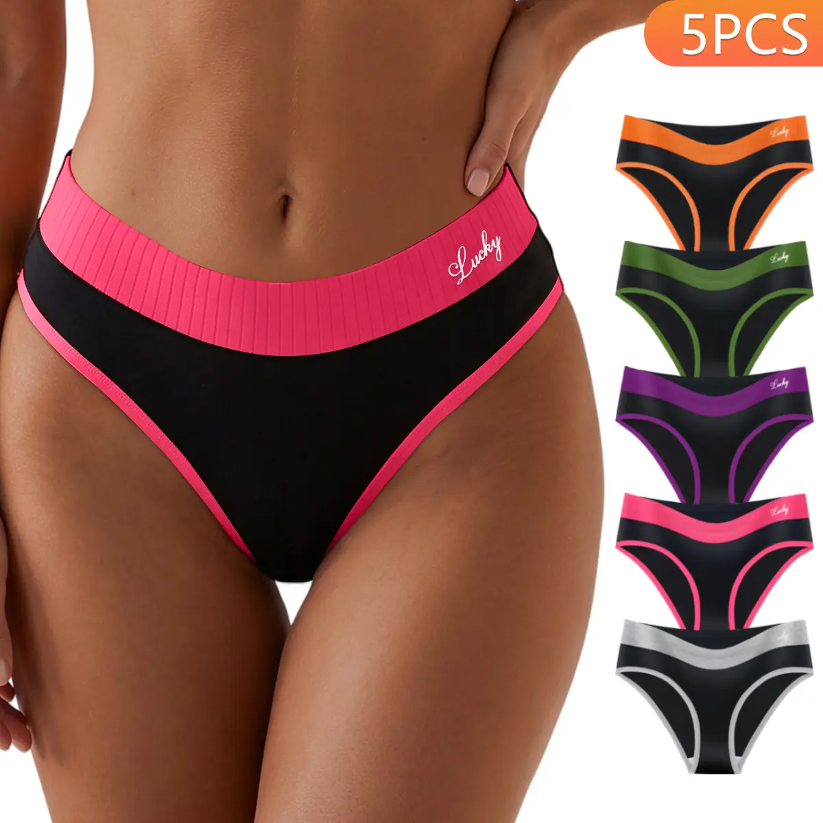 QUASTI 5/10Pcs  Women's Mid Waist Briefs - Womenswear Casual Summer Cool Anti-Sweat Underwear, Contrast Color Waistband, Breathable Soft Stretch, Multicolor Block Hip Fit Daily Lingerie, S-XXL Sizes