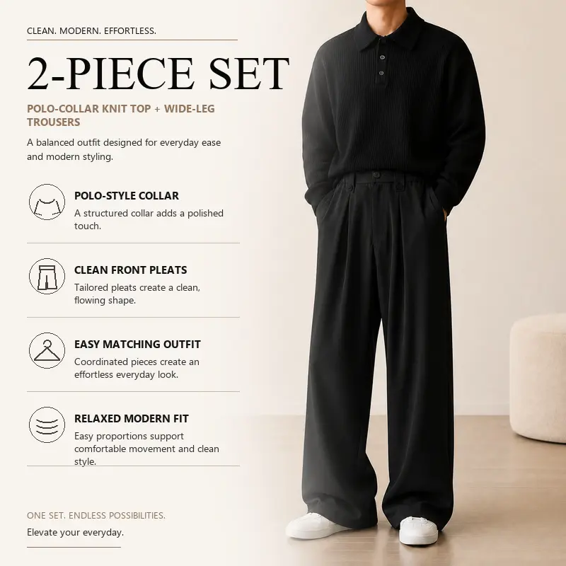 Men's Coordinated 2-Piece Knit Outfit, Polo Collar Ribbed Knit Sweater with Wide Leg Tailored Pants, 8 Curated Solid Color Pairings, Sizes S-XXL, Daily Work Travel Style, Group 5