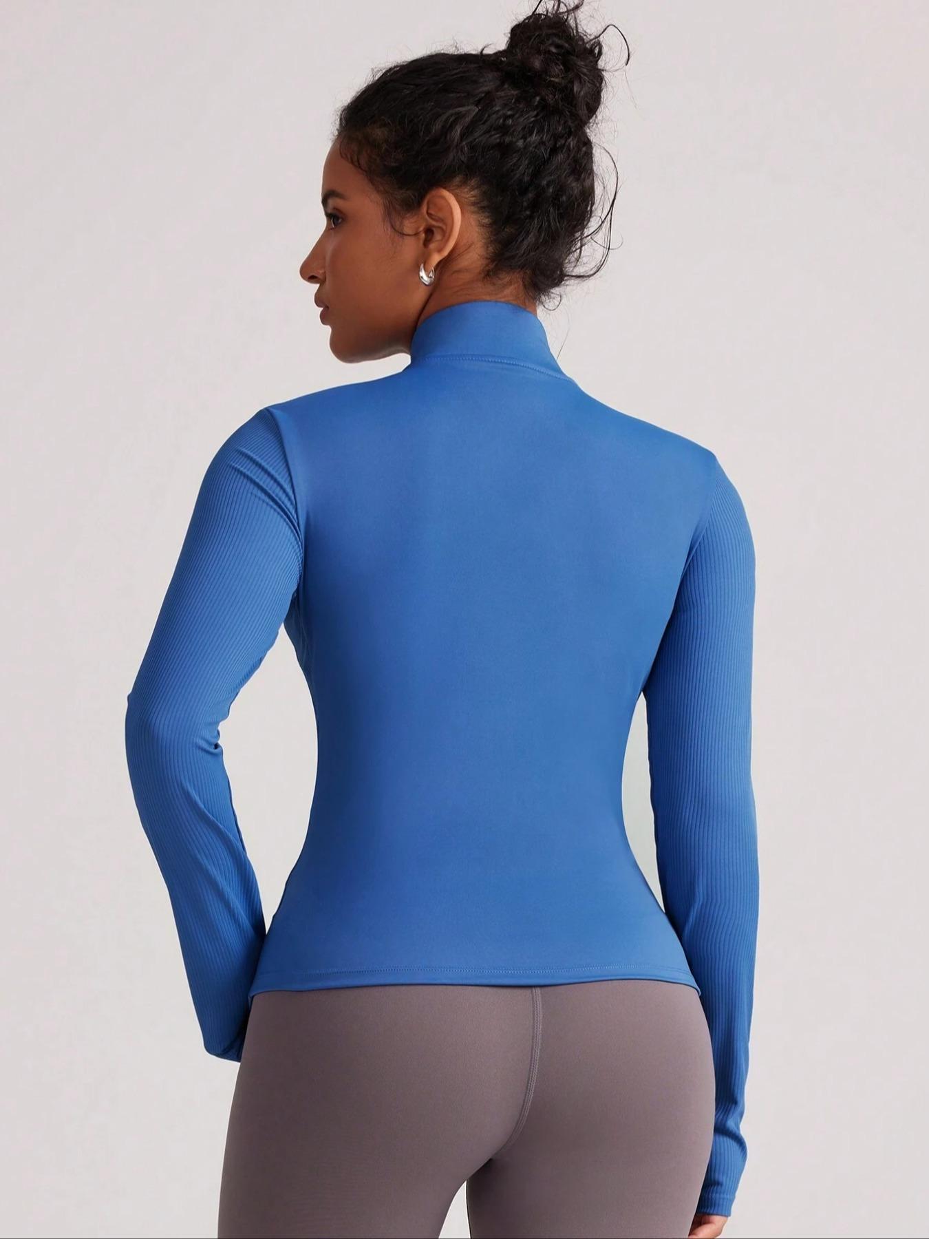 Women's Solid Zip Up Sports Jacket, Sporty Long Sleeve Stand Collar Outerwear for Gym Workout Running, Ladies Sportswear Womenswear for All Seasons