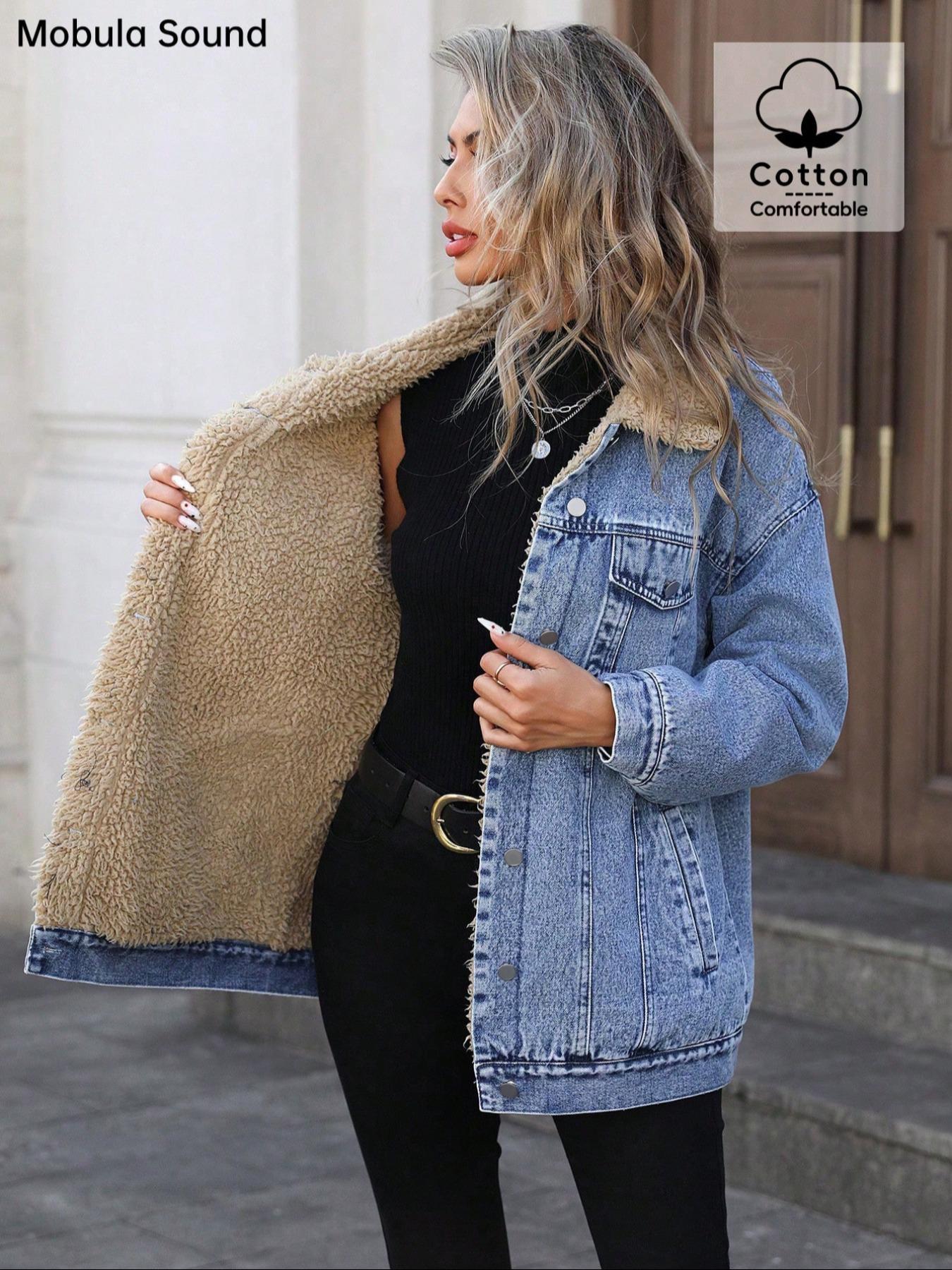 Women's New Fleece Lined Denim Jacket, Trendy Fashion Washed Jean Coat, Casual Comfortable Fit, Zipper Fly, Fall & Winter Wear, Zip Front Jacket