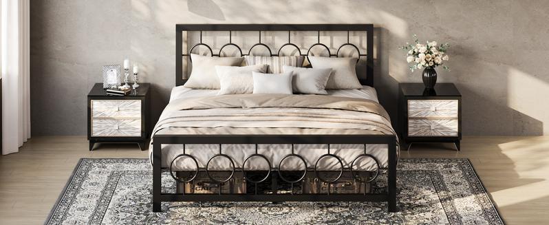HOOMIC Metal Platform Bed Frame【Frame Only No Mattress】with Vintage Circular Design Headboard and Footboard,Extra Under-Bed Storage,Bedroom Furniture,No Box Spring Needed,Black/Brown,Twin/Full/Queen/King Size
