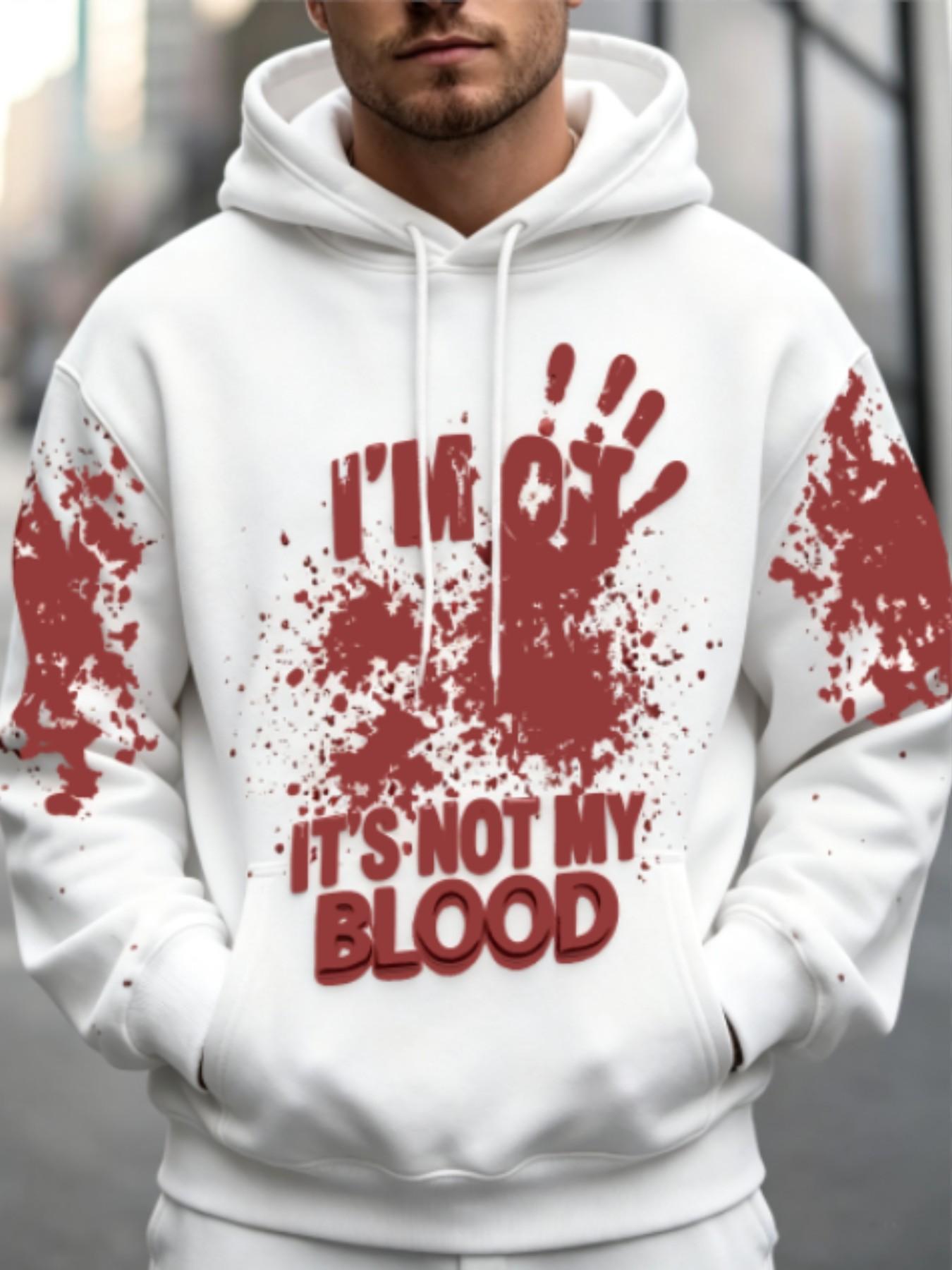 Men's Drawstring Pullover Hoodie Sublimation Fabric White Base Full Coverage Splattered Blood Stain Vertical Drip Print Graphic Sweatshirt Long Casual Fit Horror Streetwear Halloween Party Cosplay Daily Outdoor Top