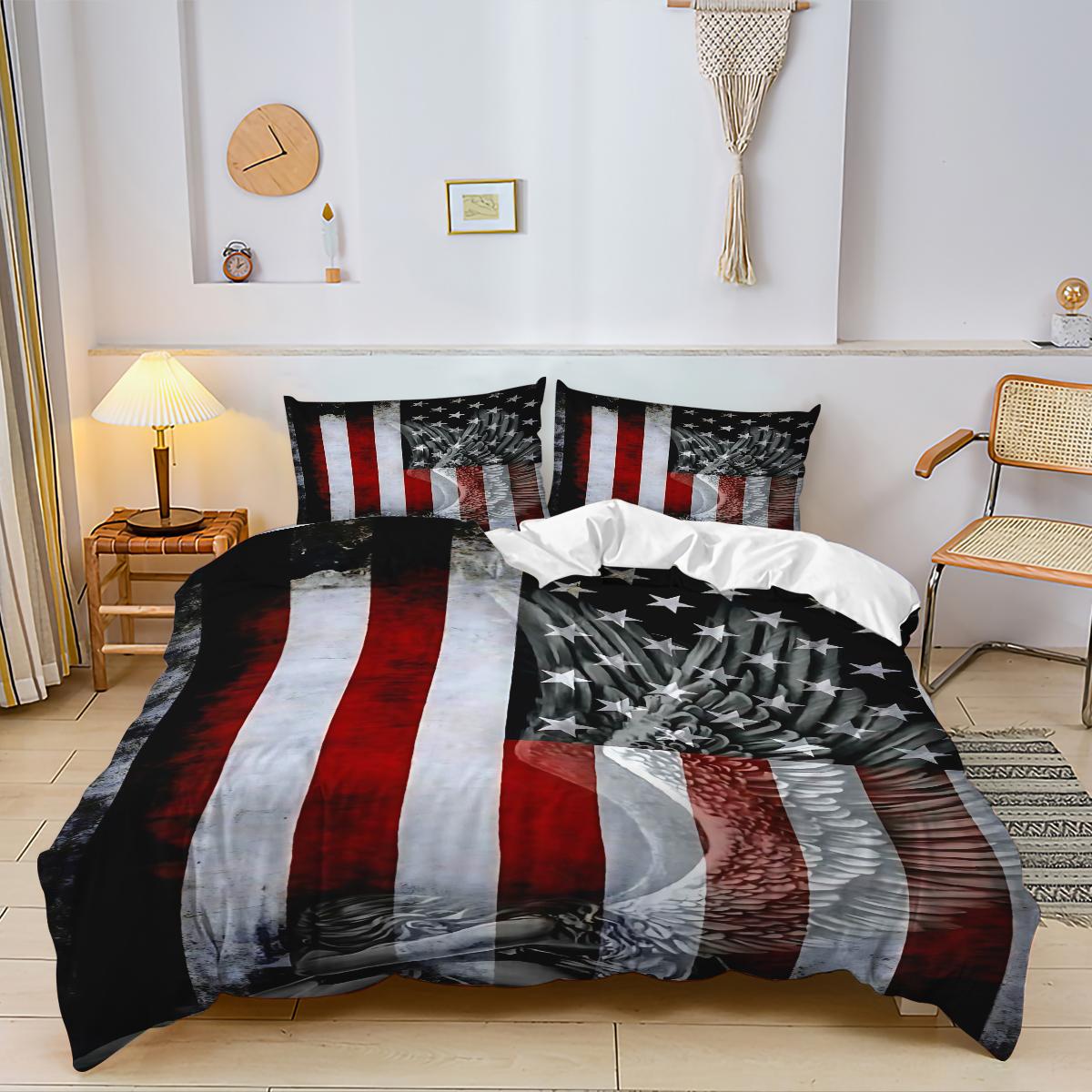 2/3 Piece Patriotic Themed Bedding Set: Eagle And American Flag Print Duvet Set, Duvet Cover Sets, Soft And Breathable, Easy Maintenance, 1 Duvet Cover+1/2 Pillowcase, No Padding/Zipper Closure, Bedroom Decoration Bedding