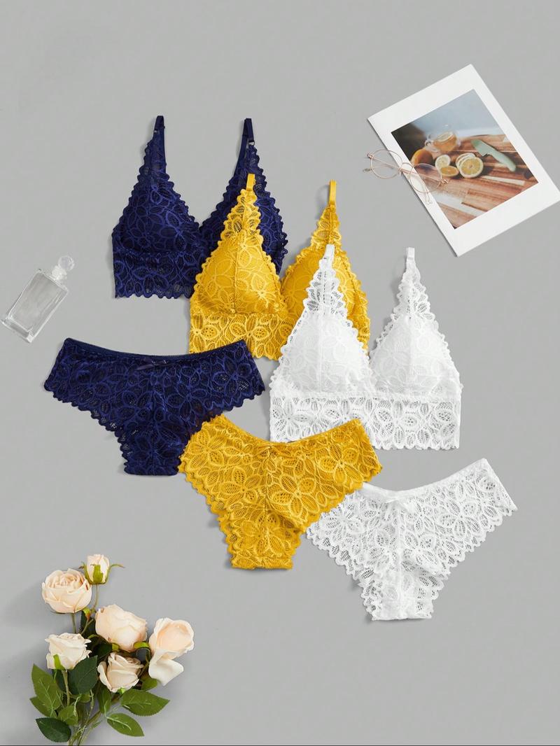 Women's Lace Underwear Set, Romantic Adjustable Strap Wireless Bra & Bow Decor Panty Set, Women's Lingerie Set