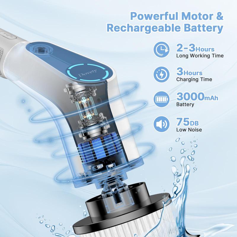 【Dovety】 Electric Spin Scrubber, Cordless Shower Scrubber, Cleaning Brush, with 8 Replaceable Brush Heads and 3 Adjustable Extension Handle, 2 Adjustable Speeds for Bathroom, Kitchen, Tile,  Household Cleaning Supplies ,Portable Durable