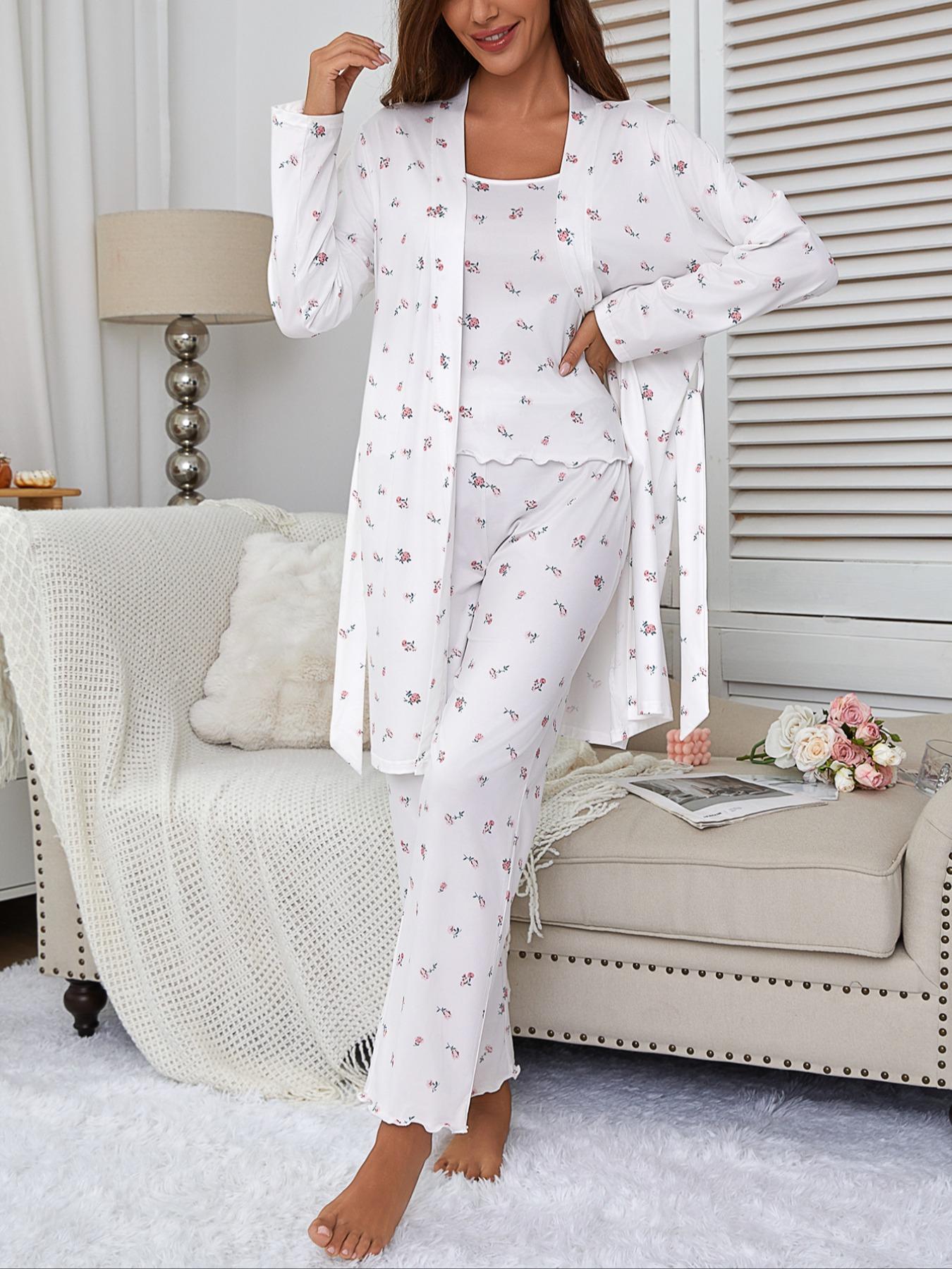 Women's Floral Print Robe Set with Spaghetti Strap Pants, Comfortable Casual Home Wear, All-Season Fitted Sleepwear Collection, Loungewear