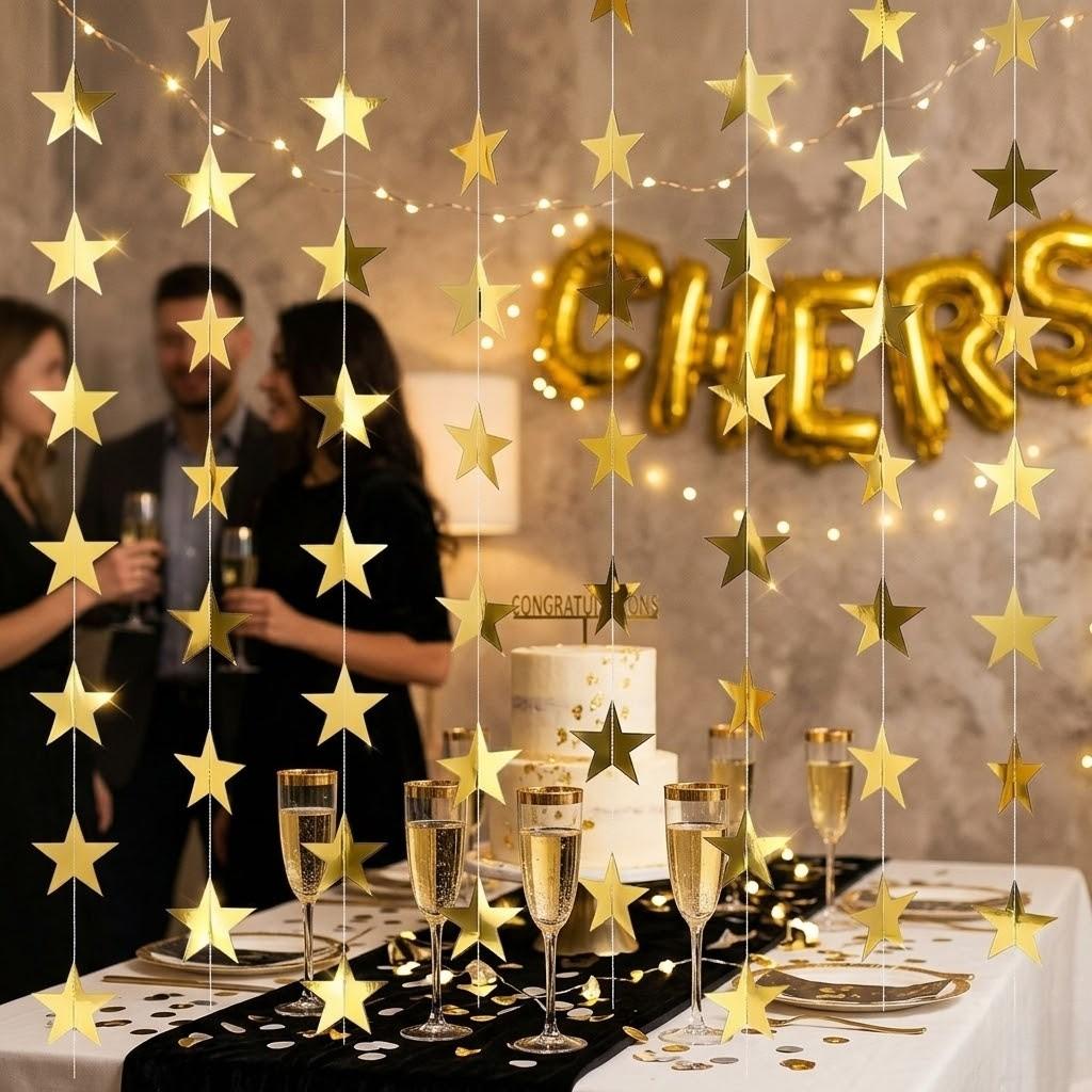 Star ornament, glittering gold double-sided star banner, 157 inches long, small star paper hanging decoration, suitable for Valentine's Day, graduation ceremony, birthday, wedding and all kinds of party backdrops and decorations.