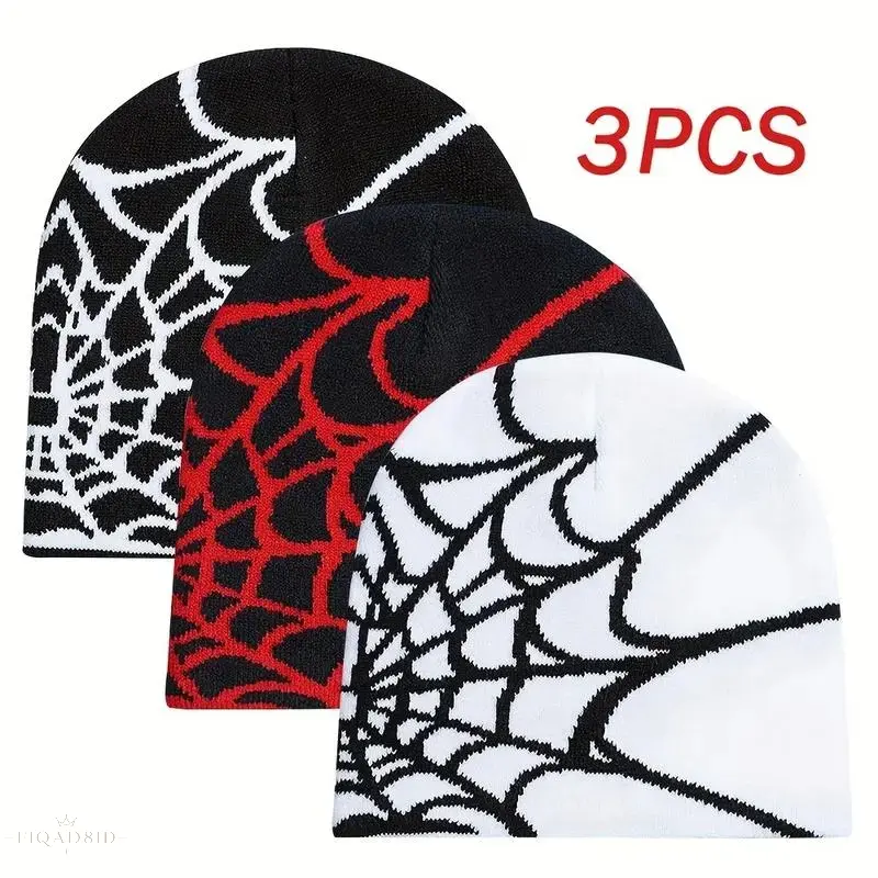 3‑Pack Unisex Knit Beanie Hats, Spider Web Jacquard Goth Streetwear Winter Caps, Soft Warm Machine Washable Hip‑Hop Retro Headwear For Daily Outing Skateboarding And Street Fashion