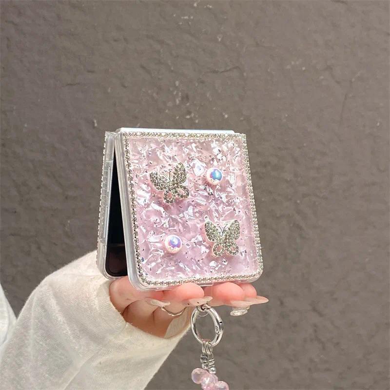 Luxury 3D Butterfly Diamond Shell Pattern Phone Case For Samsung Galaxy Z Flip 3 4 5 6 7 FE With Wrist Chain Shockproof Cover