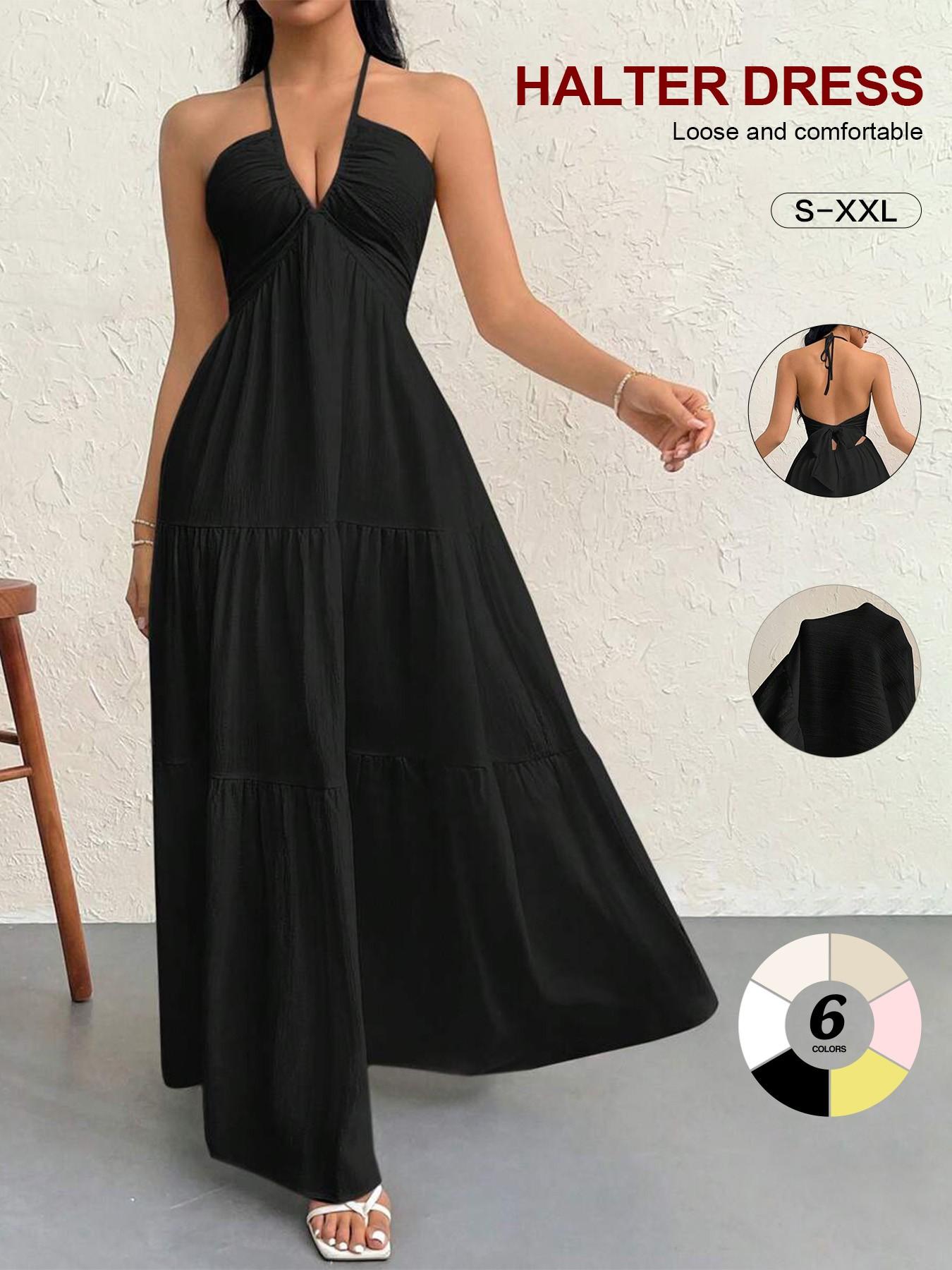 Women Halter V Neck Maxi Dress, Ruched Bust Empire Waist, Tiered Flowy Long Dress, Sleeveless Spaghetti Strap, Beach Vacation Sundress, Casual, Elegance