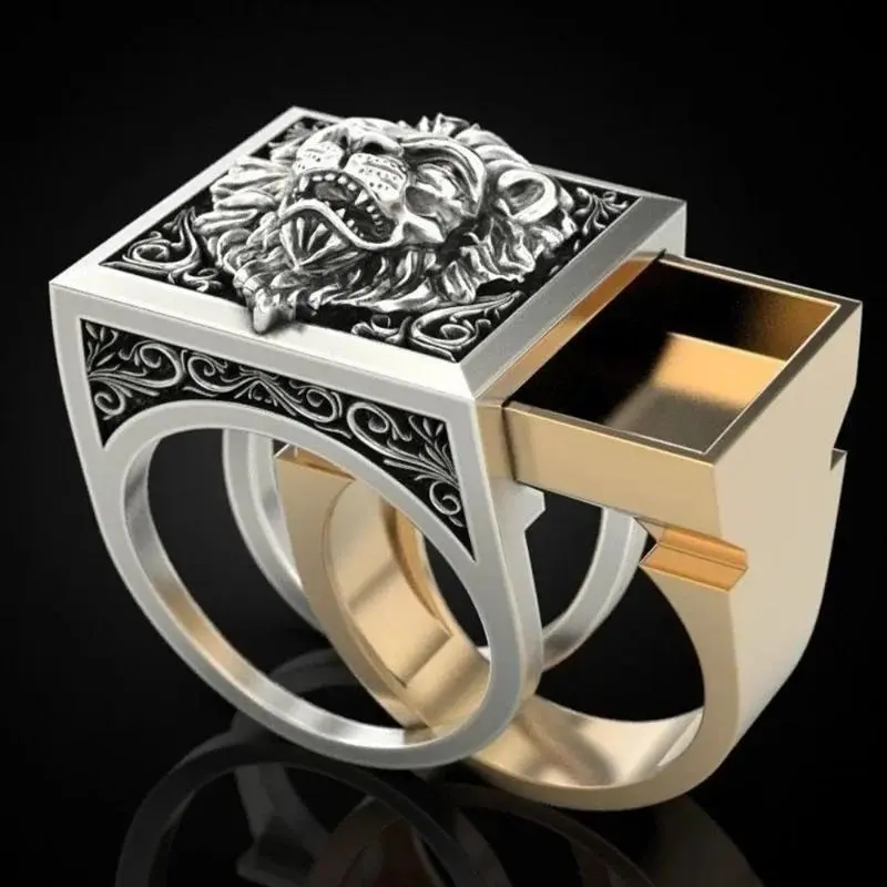 Men's Punk Look Lion Head Ring with Storage Compartment - Fashion Domineering Creative Jewelry for Male Wear, Everyday Use, Daily Wear