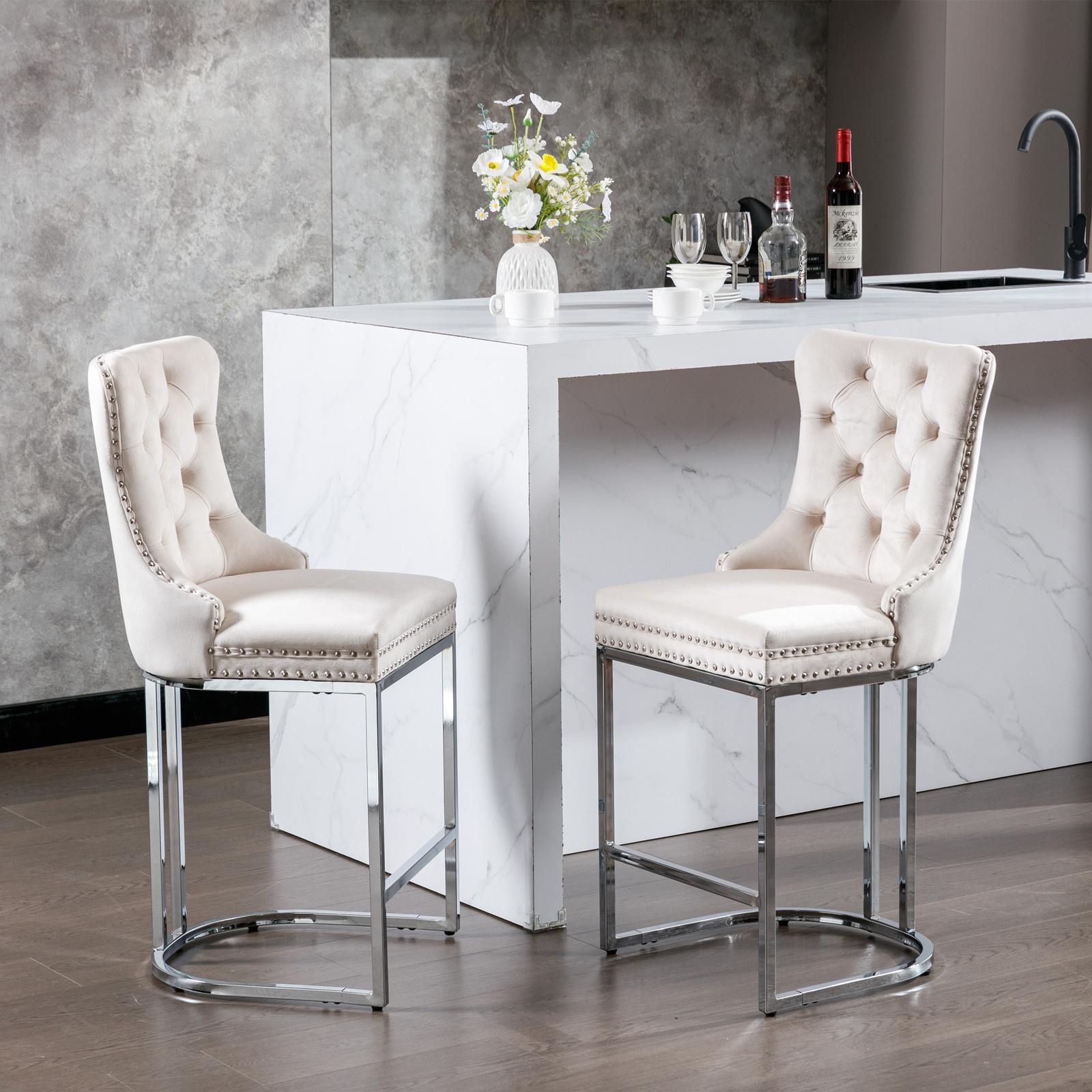 Set of 2 Velvet Bar Stools 26" Counter Height - Button-Tufted Back with Chrome Metal Base, Farmhouse Kitchen Island Stools