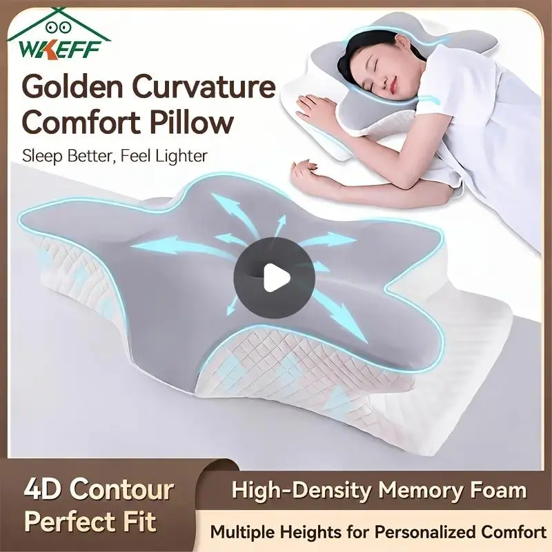 WKEFF Ergonomic Contoured Memory Foam Cervical Neck Pillow - PU Slow-Rebound Cushion, 1-Piece Flat Weave Machine-Washable Cover with Hand-Wash Option, Supportive Pillows for Sleeping for Back Sleepers, Posture Care Support