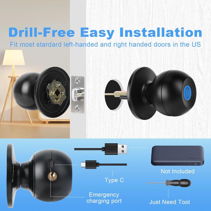 Valentine's Day Gift EUERTE Fingerprint Door Knob Biometric Smart Lock with APP Control 3-In-1 Fingerprint Unlock 5s Auto-Lock Rechargeable Battery Easy Installation for Bedroom Garage Apartment