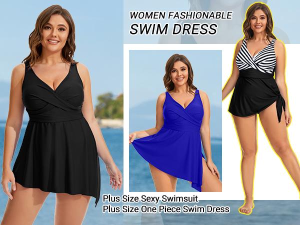 Daci Plus Size One Piece Swimsuits for Women Flowy Asymmetrical Hem Swim Dress with Shorts Built in