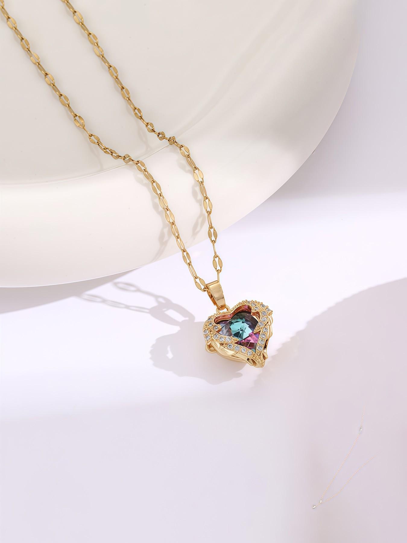 Ocean Heart Colorful Pendant Necklace, Elegant Lady Fashion Love Charm Jewelry, Daily Wear, Gift for Girlfriend, All Seasons