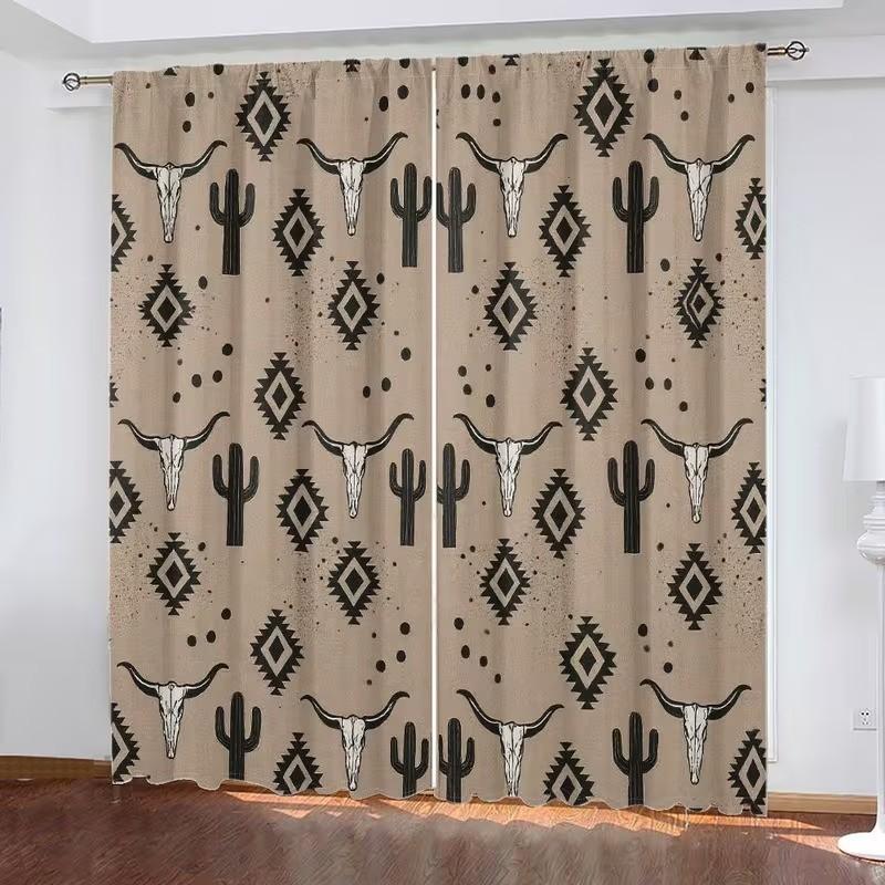 2 pieces of high-definition digital southwestern style ox skull, cactus, and geometric pattern printed curtains. Made of polyester, semi-transparent material, machine washable, suitable for bedrooms, living rooms, and home decoration curtains.