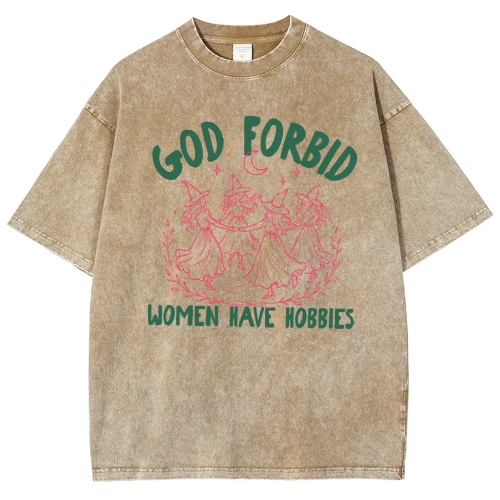 Unisex Retro Acid Wash Cotton Fabric T-Shirt - Casual Shortsleeve, Funny "God Forbid Women Have Hobbies" Witchy Coven Graphic, Oversized Vintage Halloween Aesthetic Fit Top for Men