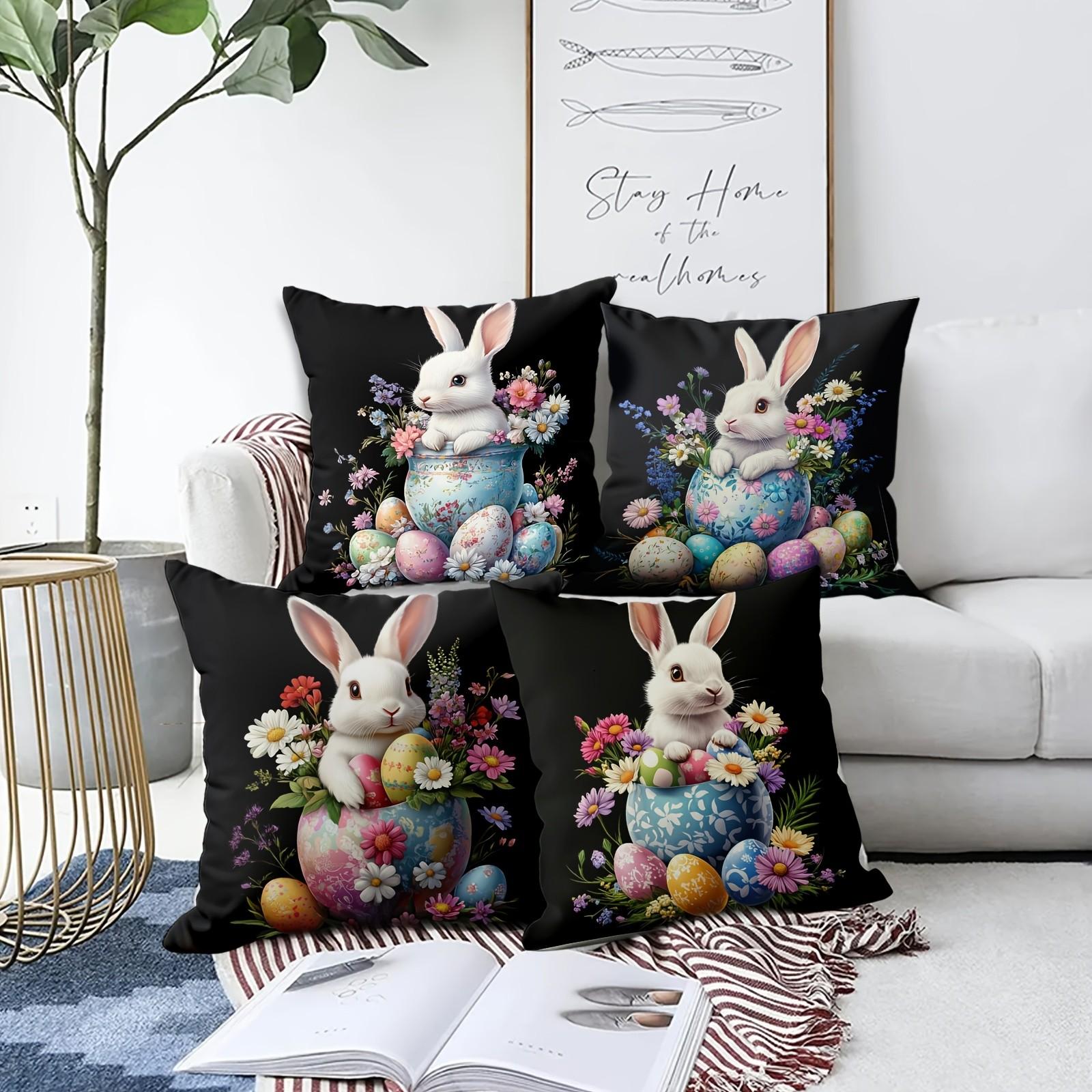 4pcs Soft Easter Throw Pillow Covers Set | Bunny & Egg Designs, Perfect for Sofa, Bed, Office Decor, Contemporary Style, Single-sided Printing, No Pillow Insert