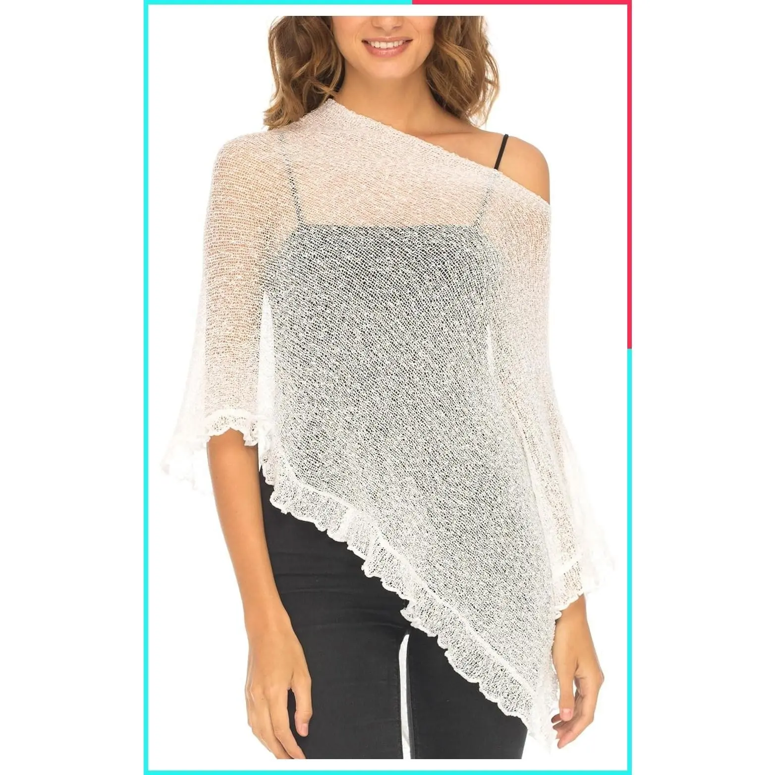 Women's Lightweight Sheer Knit Asymmetrical Ruffle Poncho Shrug Dressy Summer Cover Up Top