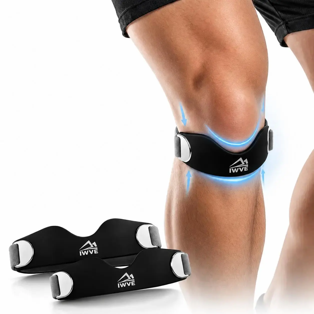 IWVE Patella Bands, 2-Pack Patellar Knee Support Straps, Black, Pink & Gray, Includes 2 Free Bonus Extra-Long Straps, Adjustable Hook-and-Loop Closure and Cushioned Pad to Help Relieve Knee and Patella Pressure During Running, Gym and Active Sports