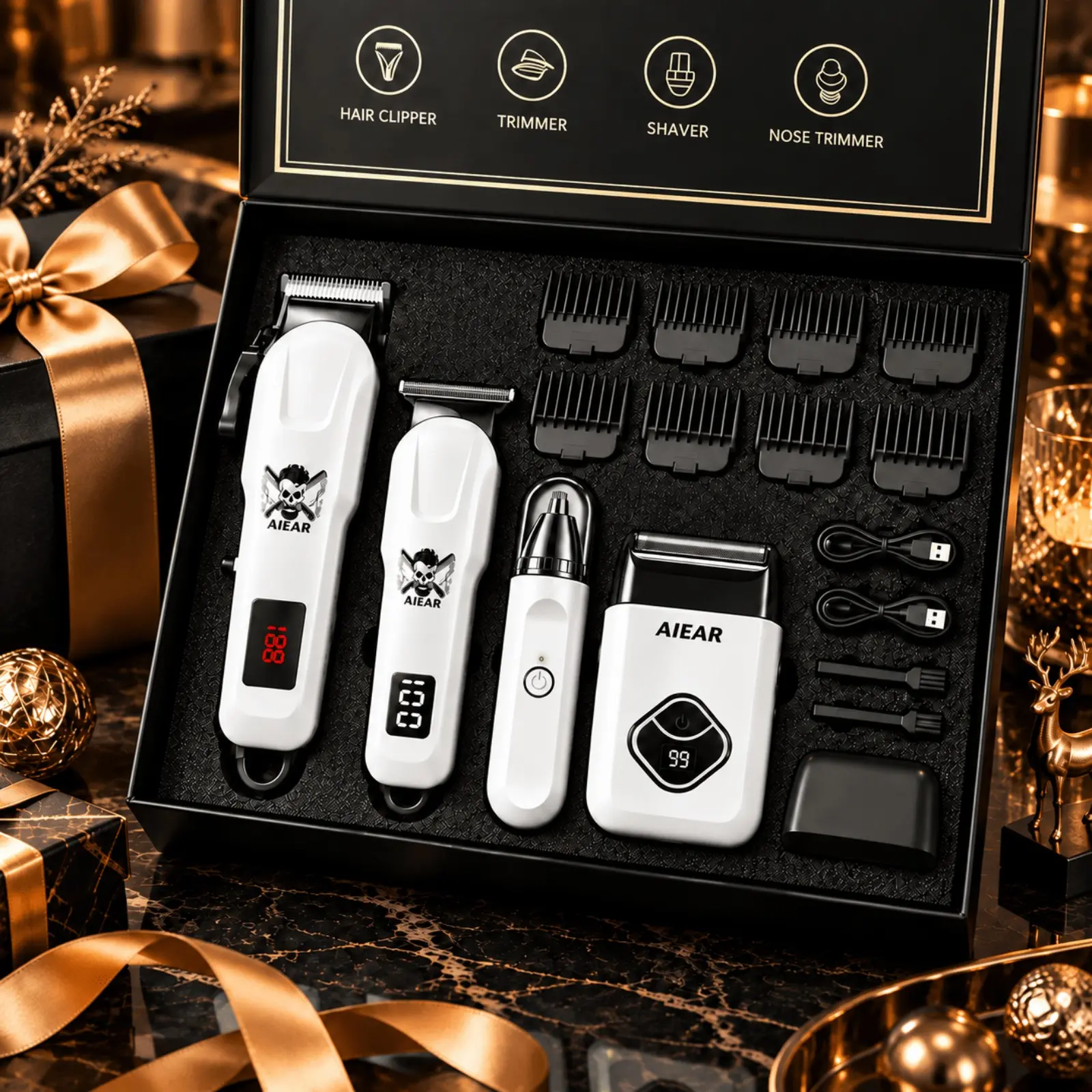 Men's grooming kit with cordless hair clippers, beard trimmer, electric shaver, and nose hair trimmer. Rechargeable set comes with guide combs and precise trimming tools. All-in-one personal care gift box, perfect for dad, husband, or boyfriend