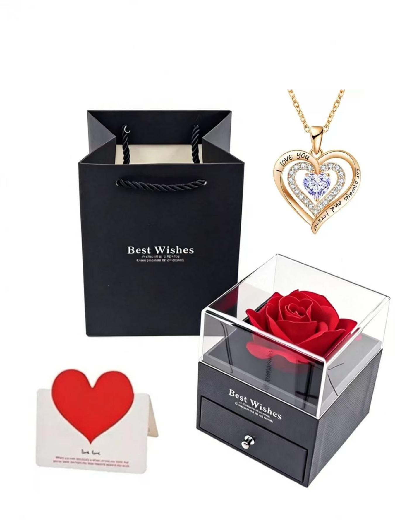 Heart-Shaped Gemstone Necklace Rose Flower Gift Box, Valentine's Day Gift for Girlfriend, Mother's Day Gift for Mom, Love Expression Gift