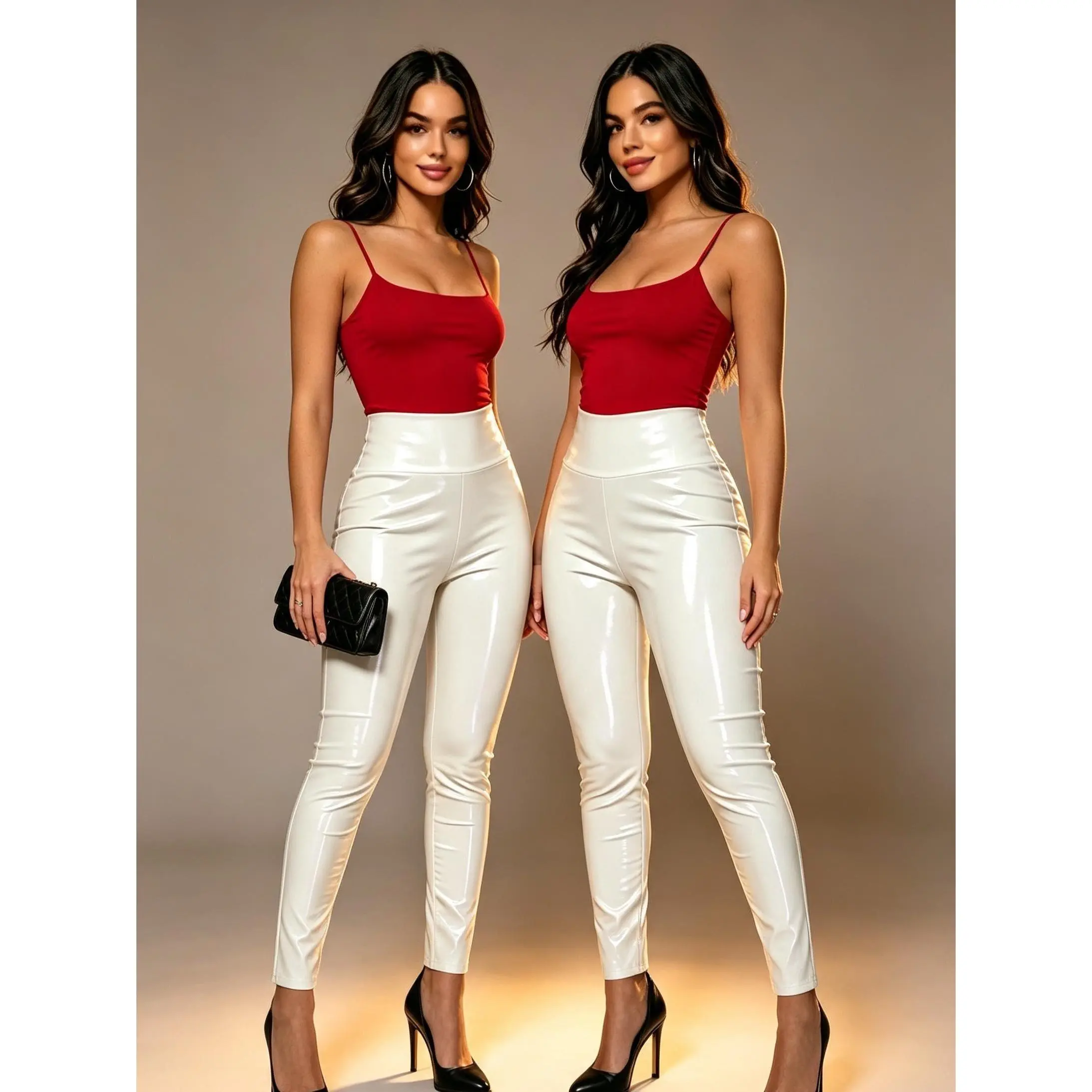 Shiny White High Rise Faux  Pants for Women Non-Sheer Curve Fit Stretch Trousers Rooftop Party Concert Streetwear Bottoms sohochic Butt Hugging Pants Fitted Womenswear Basic Minimalist