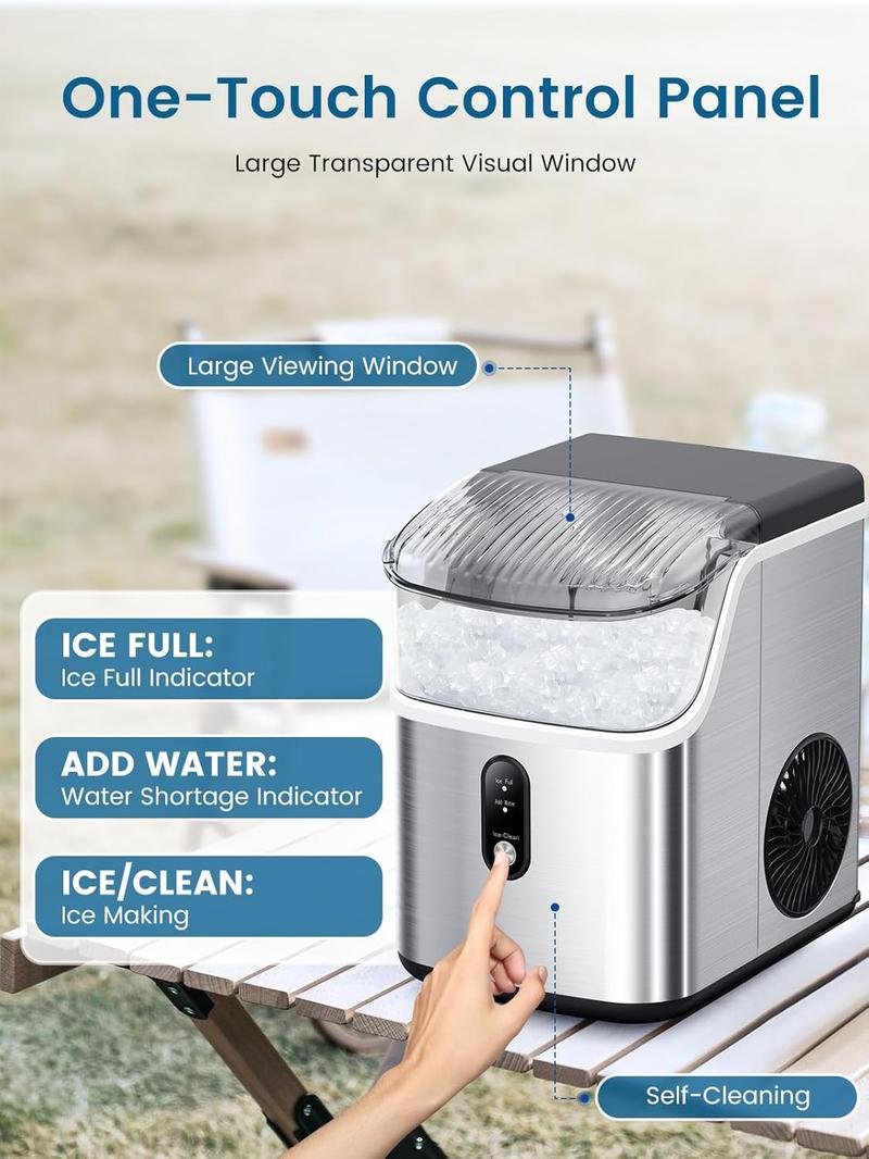 Nugget Ice Maker Countertop, Soft Chewable Nugget Ice Cubes Machine, One-Button Quick Ice Making 34Lbs/Day, Self-Cleaning, Portable Stainless Steel Ice Machine