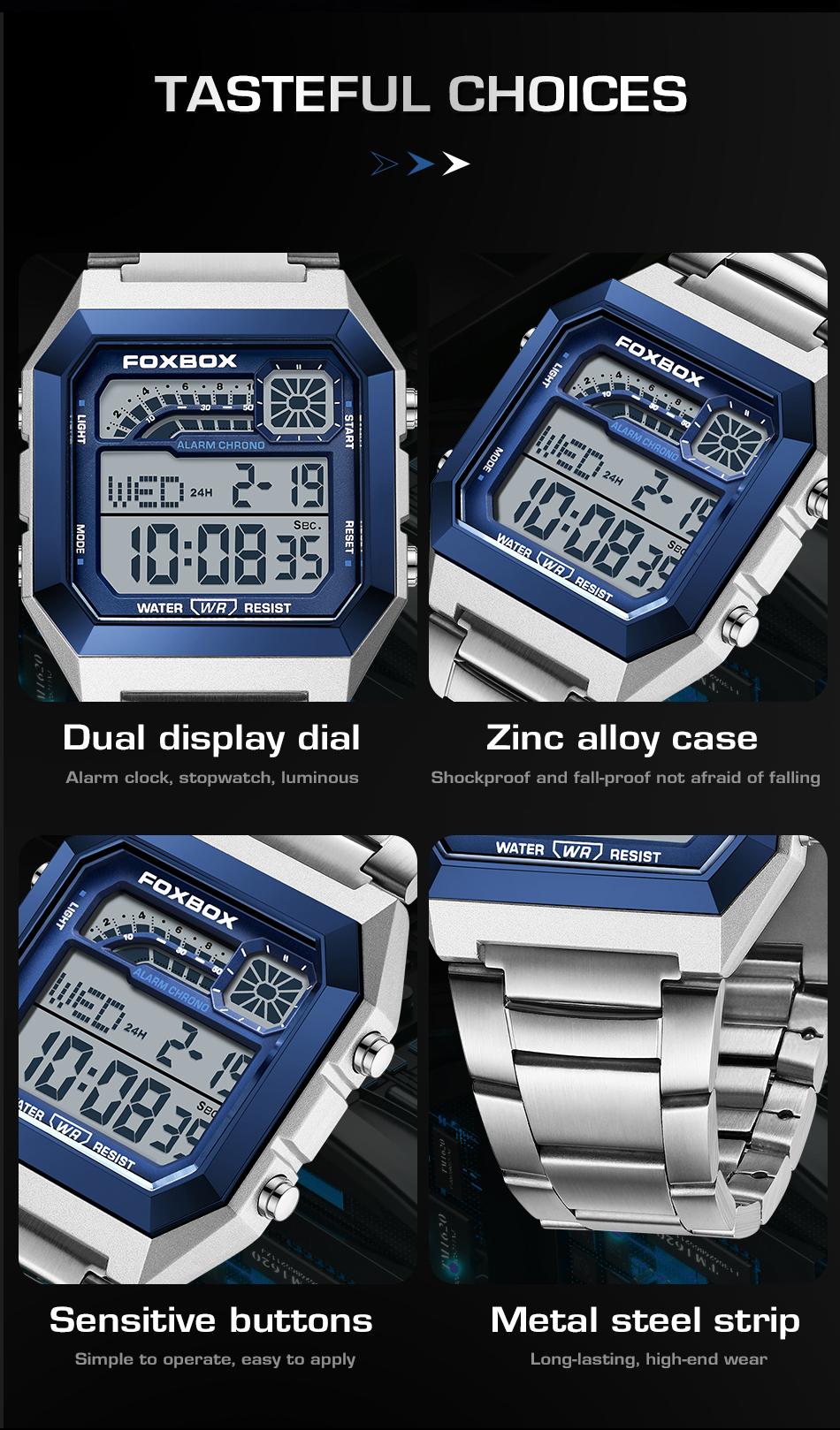 FOXBOX Men's Digital Fashion Watch - Alloy Case and Strap, Water-Resistant Design, Backlight, Time/Date/Weekday Display for Students and Adults FOXBOX Men's Digital Fashion Watch - Alloy Case and Strap, Water-Resistant Design, Backlight, Time/Date/Weekday Display for Students and Adults